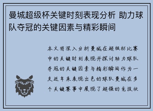 曼城超级杯关键时刻表现分析 助力球队夺冠的关键因素与精彩瞬间